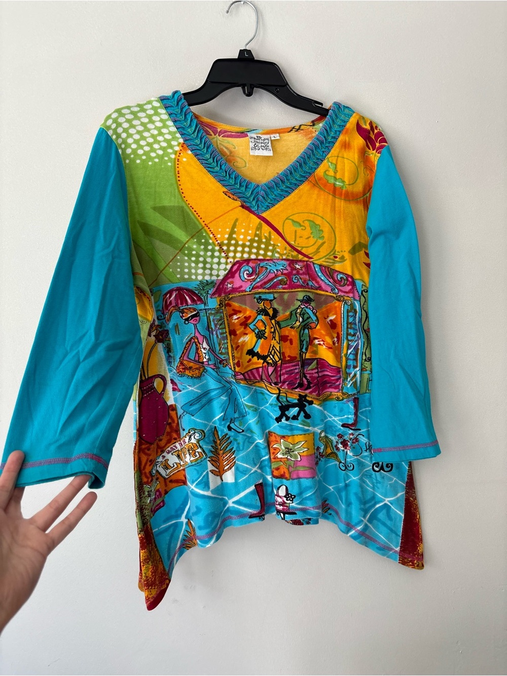 Vintage Y2K Funky Turquoise Retro Graphic Euro Asymmetrical Top - Size XL